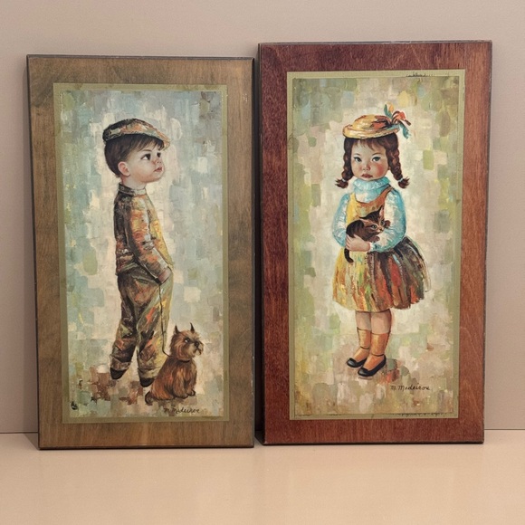 Mid Century Medeiros Girl with Cat and Boy with Dog Big Eye Wall Art - Picture 2 of 13